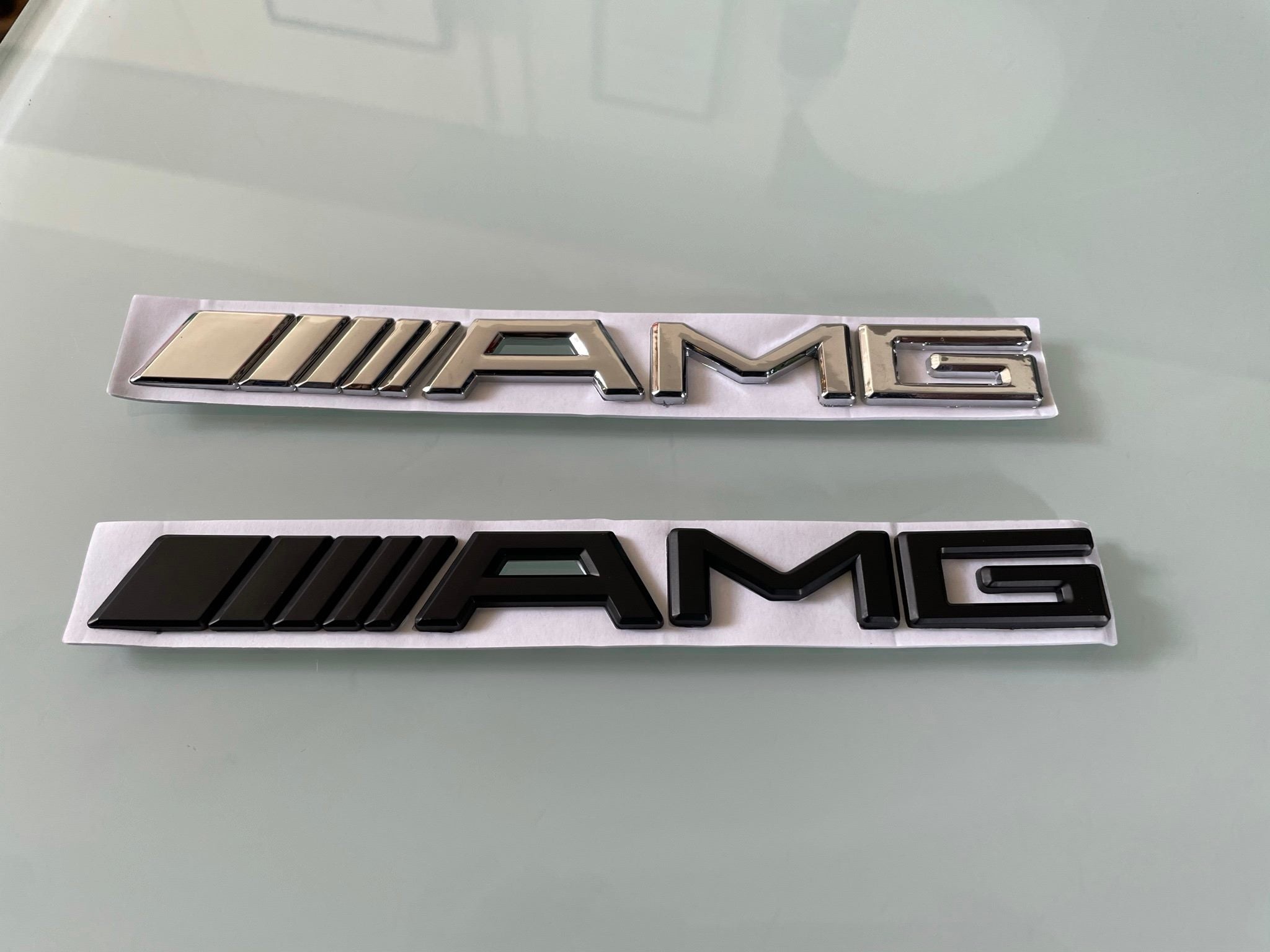 Silver AMG Badge Emblem - Glossy Adhesive Style For C, CL, CLK, SLK, S, SL Mercedes - Rear Or Body Panel